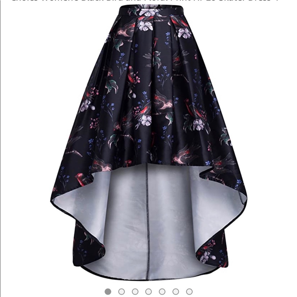 Hi - Low black bird & flower skater skirt